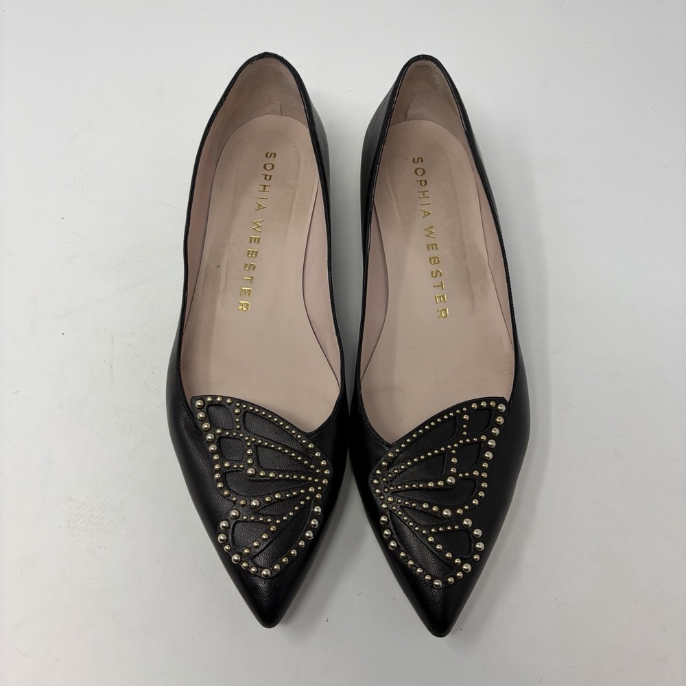 Sophia Webster Black Pointed Leather Flats with Gold Stud Butterfly Detail